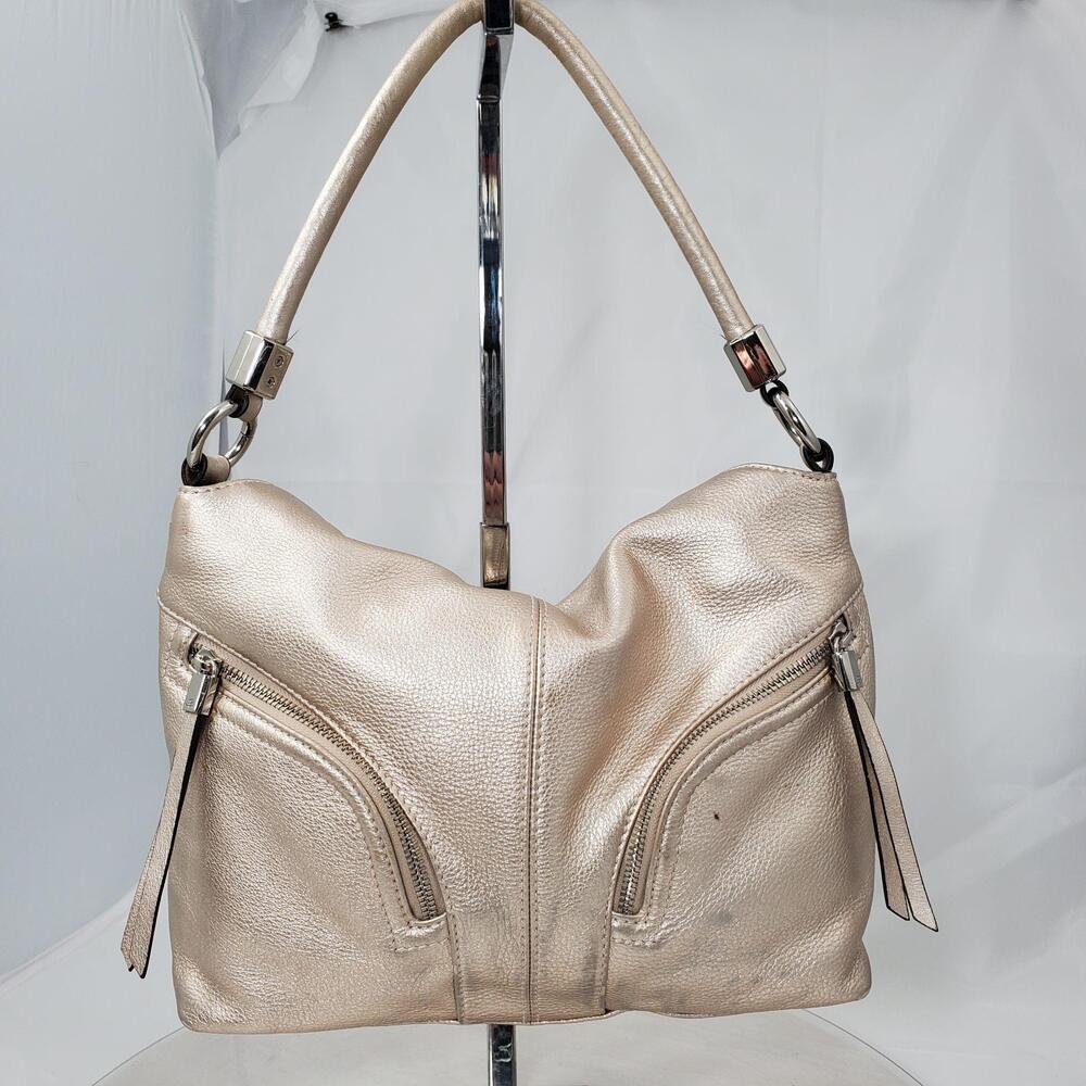 B Makowsky Leather Hobo Bag Women Medium Rose Gold Zip Pockets Shoulder Fold ove
